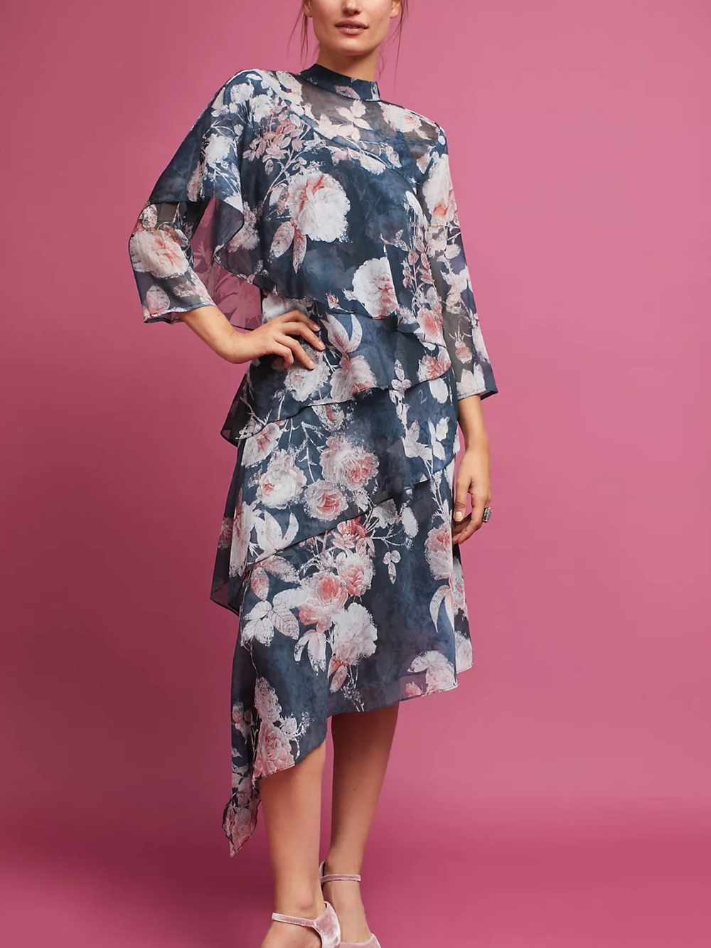 HEMANT & NANDITA Sammy Tiered Asymmetric Floral Dress